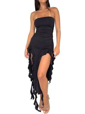 Women's Black Strapless Ruffle Bodycon Maxi Dress Tube Top Ruched Split Thigh